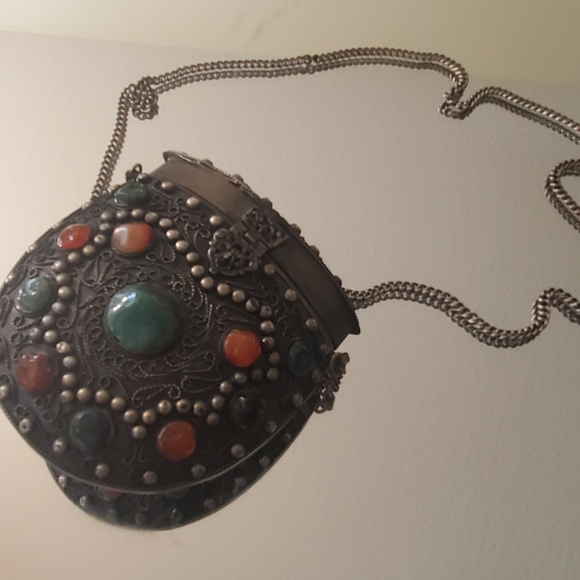 Handbags - Vintage Sajai Metal and Agate Scroll Box Coin Purse, Handmade in India